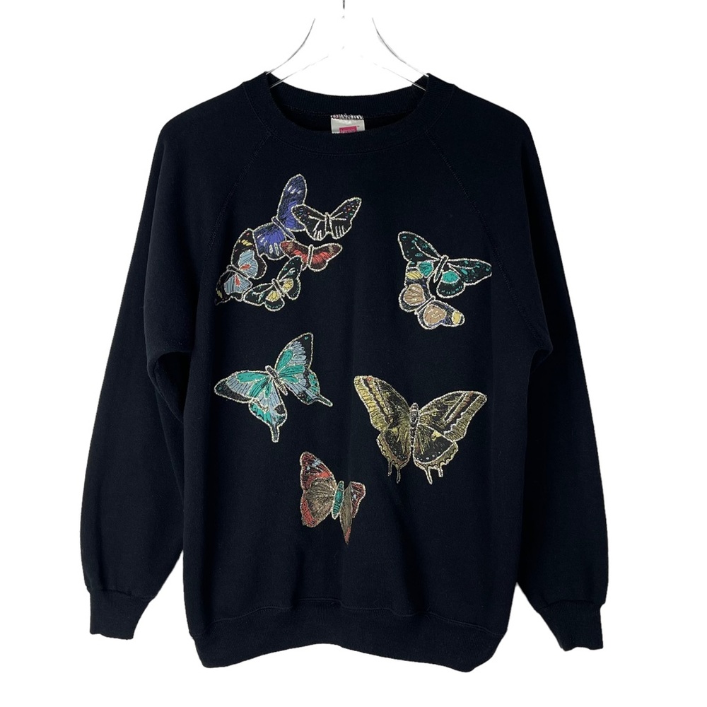 Vintage Hanes Butterfly Crewneck Sweatshirt Womens 90s Black Cottagecore Size XL